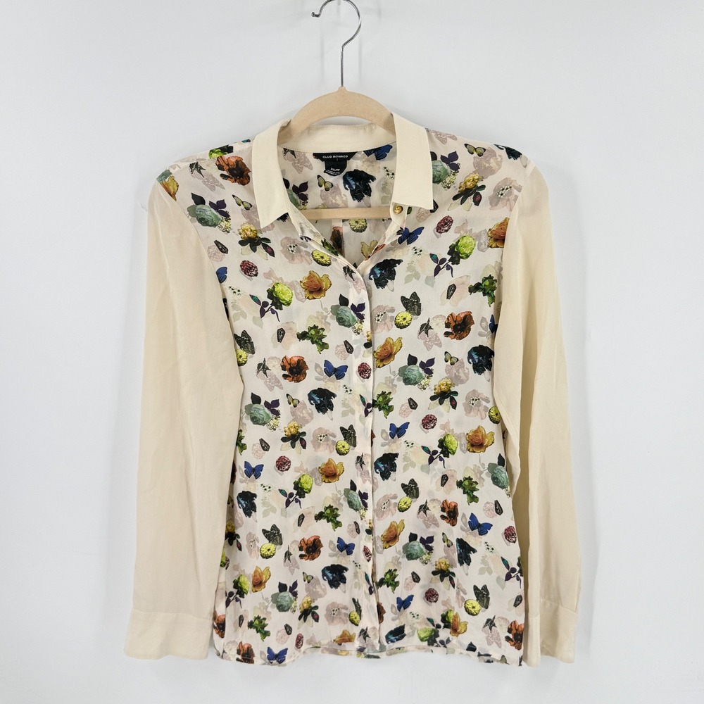Club Monaco 100% Silk Butterfly Floral Top Cream XS Fairy‎ Whimsigoth Botanical